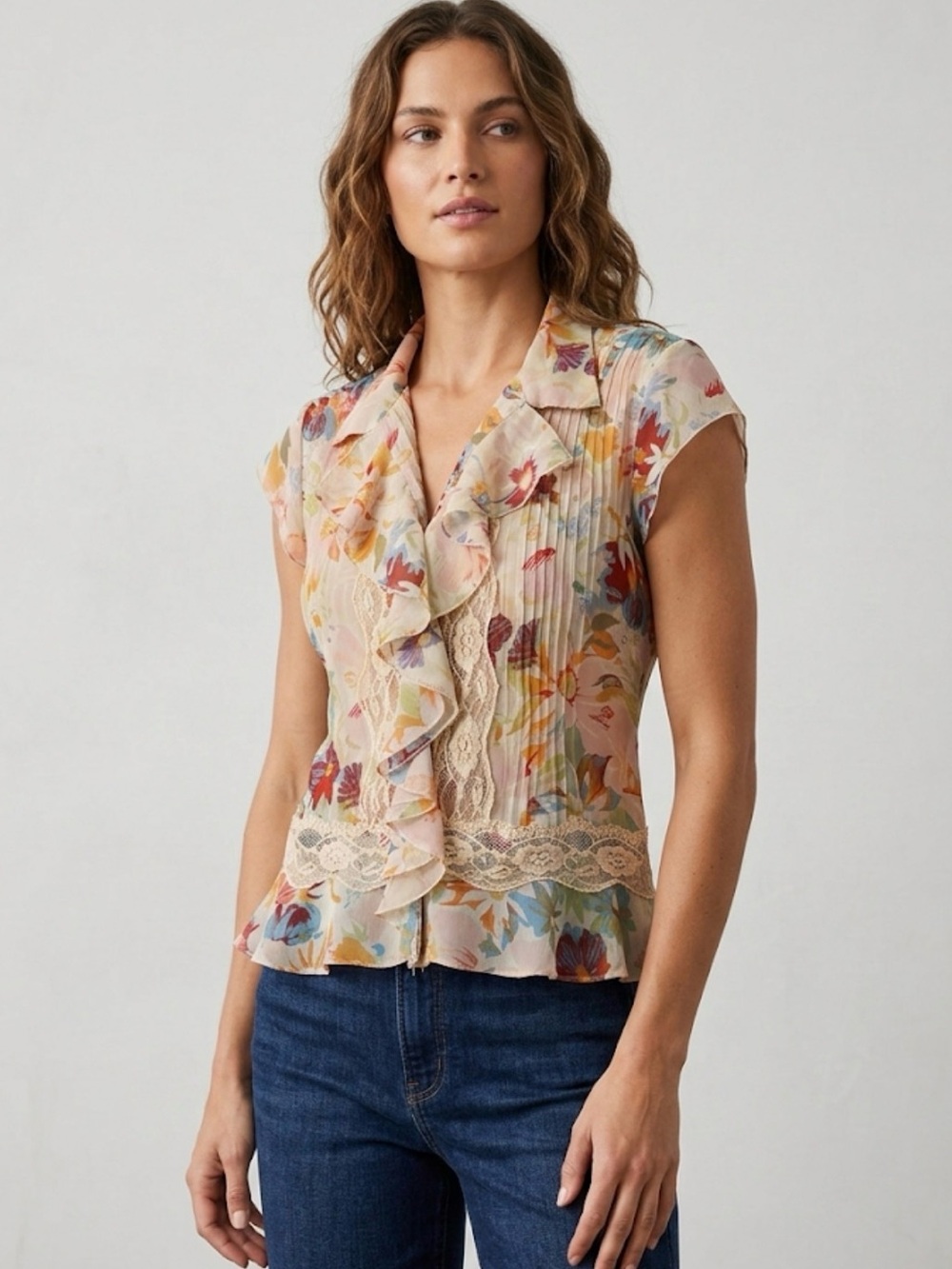 Vintage Sash Cream Floral Ruffle Lace Trim Cap Sleeve Blouse